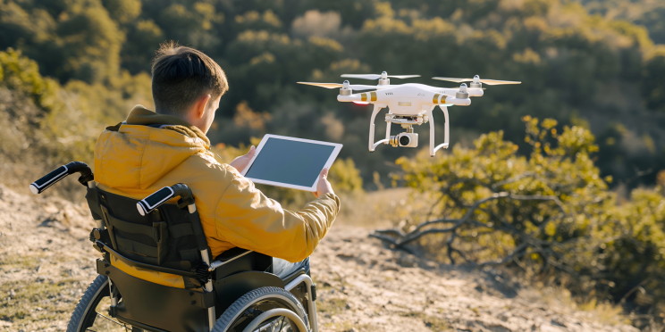 Fotografía decorativa de una persona con discapacidad manejando un dron