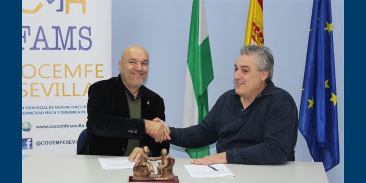 Fotografía firma convenio representantes PCT Cartuja y COCEMFE Sevilla