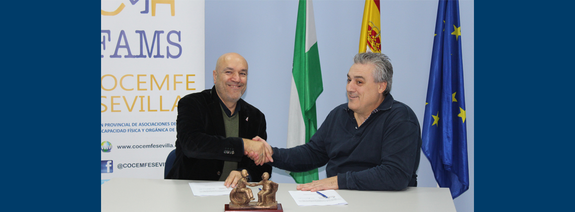 Fotografía firma convenio representantes PCT Cartuja y COCEMFE Sevilla