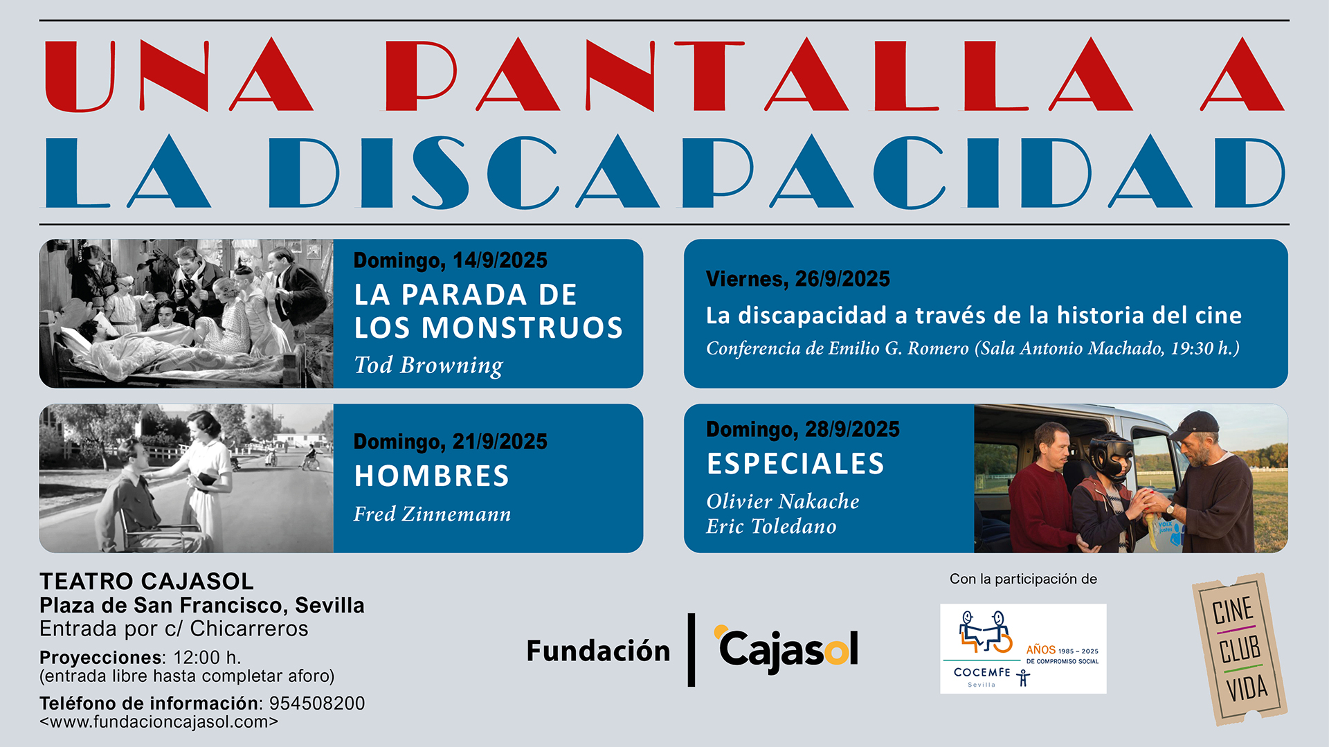 Cartel ciclo de cine inclusivo 'Una pantalla a la discapacidad' 40 aniversario COCEMFE Sevilla y Fundación Cajasol